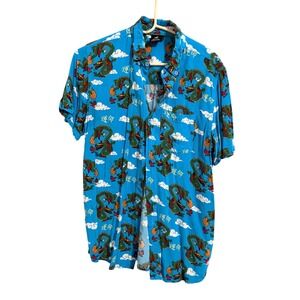 Empyre Button Up Shirt Mens Medium Blue Dragon Cloud Graphic Short Sleeve